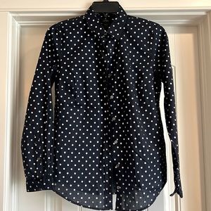 J crew lightweight button down perfect fit navy blue w/metallic silver polkadots